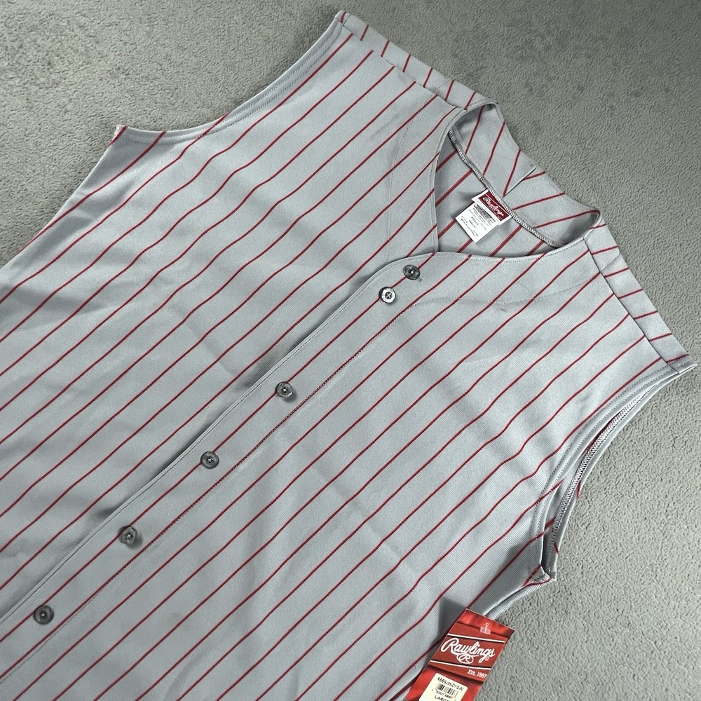 Rawlings Pinstripe Jersey Large Baseball Button Up Sleeveless Athletic Gray